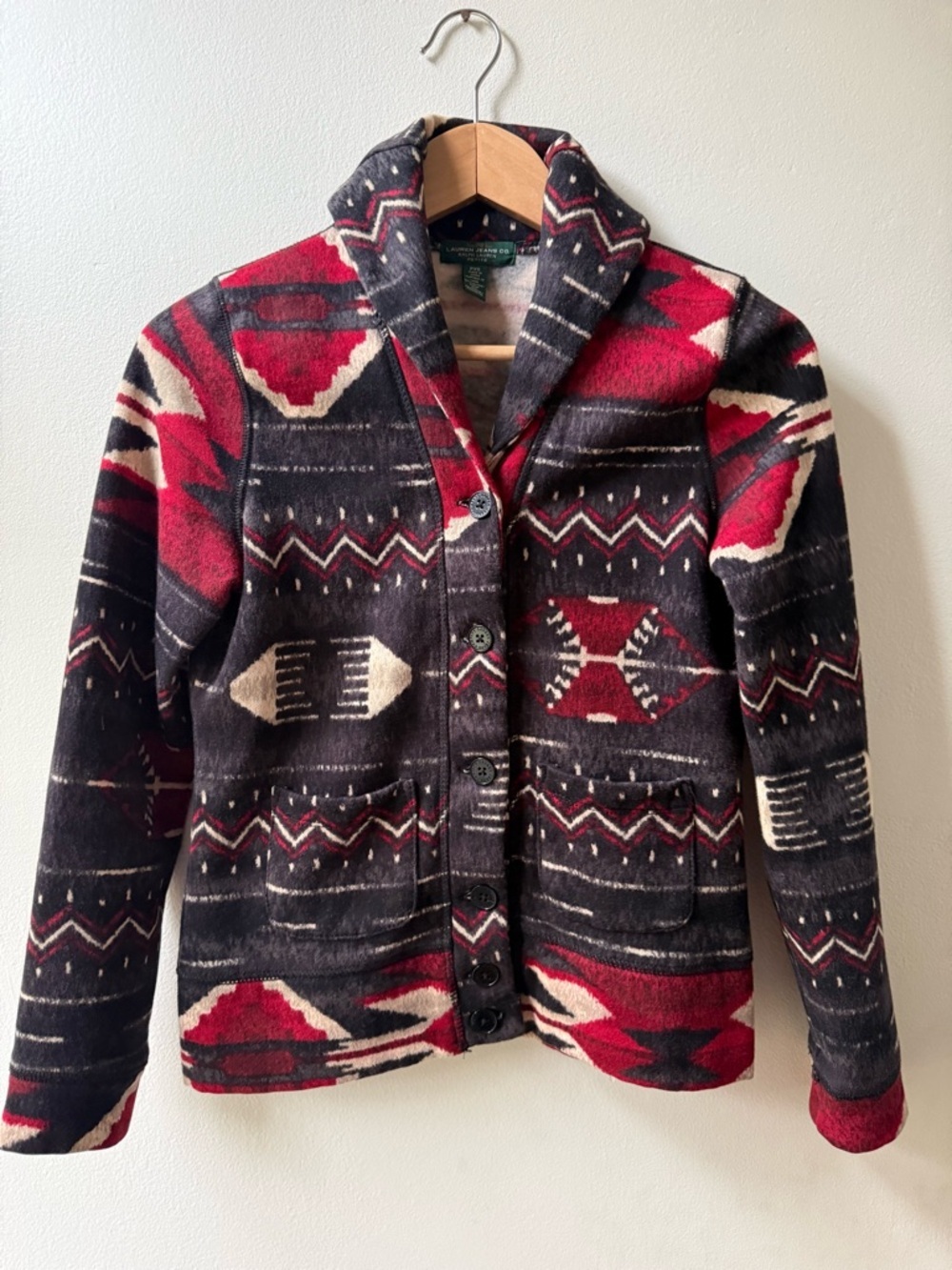 Ralph Lauren Aztec Shawl Collar Knit Jacket - Black, Red, Cream - Picture 2 of 8